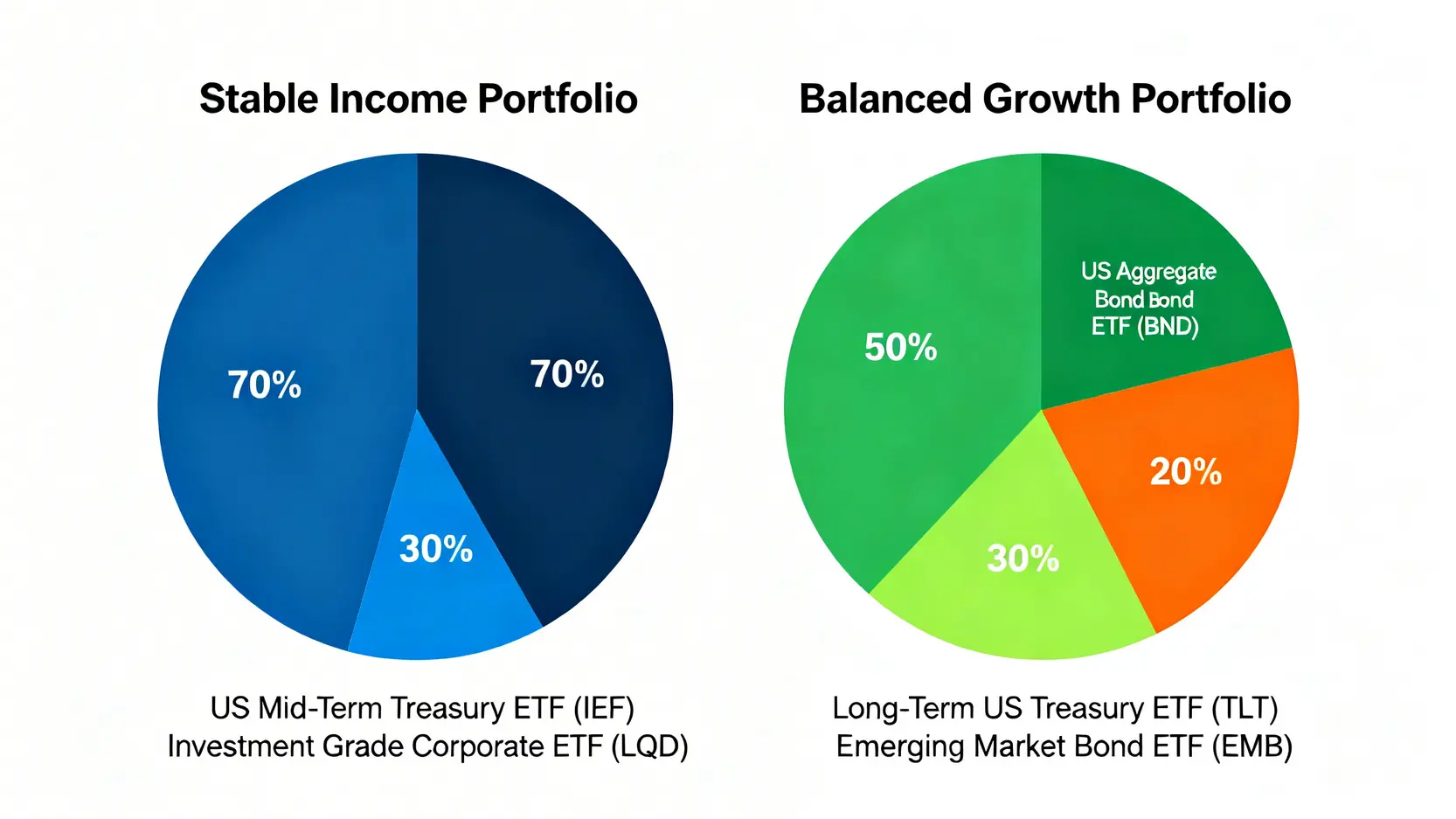 兩張並排的圓餅圖,分別展示為退休族設計的「穩定現金流」投資組合與為上班族設計的「平衡增長」投資組合的資產配置比例。