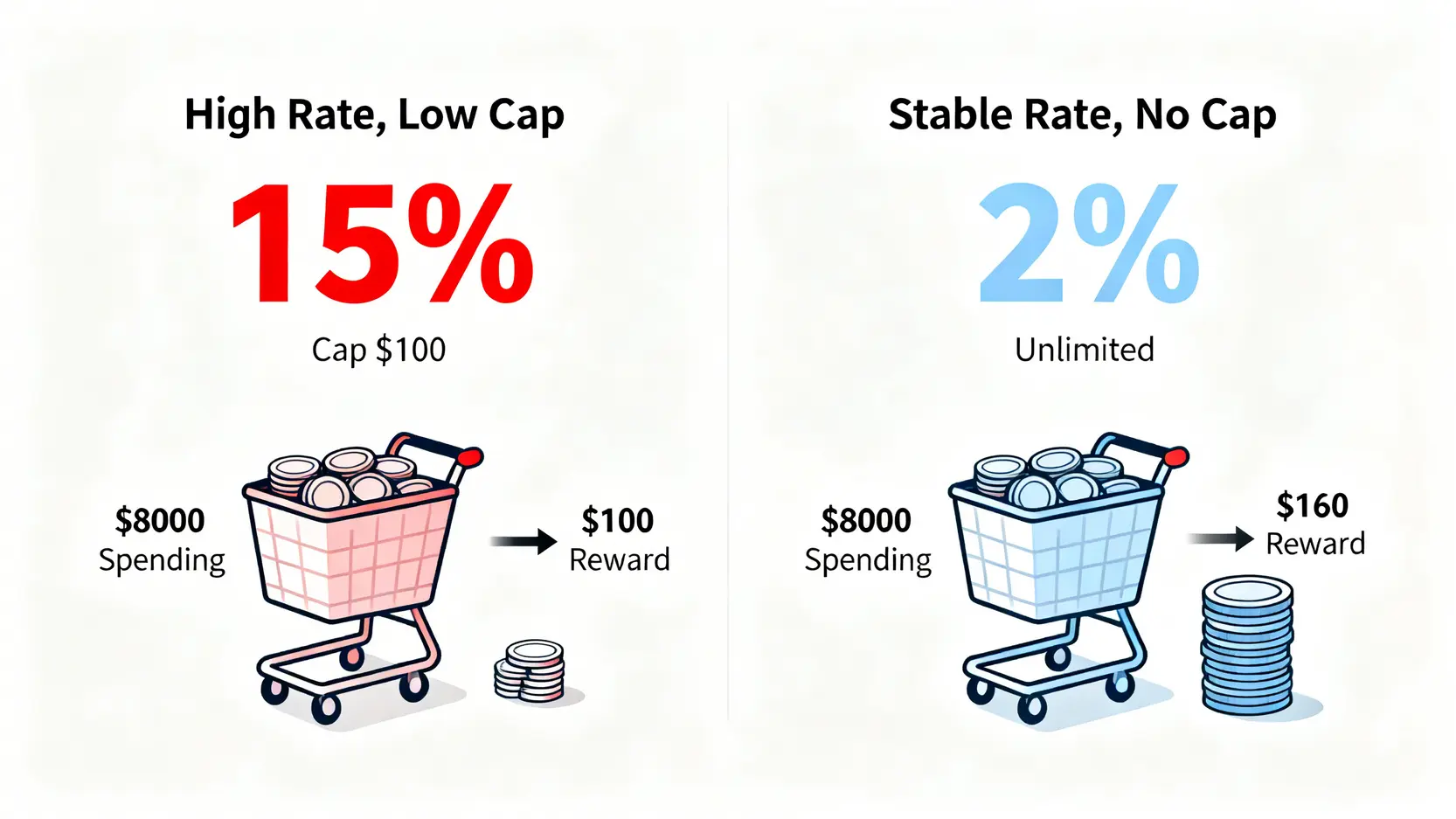 一張對比圖,顯示高回饋率但有上限的信用卡,與回饋率較低但無上限的信用卡,在高消費額下的實際回饋差異。