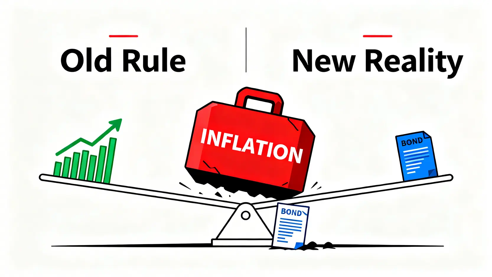 一張對比圖,說明傳統60/40股債平衡策略在高通膨下的失效情況。左邊是股漲債跌的蹺蹺板,右邊是通膨壓力導致股債雙跌。