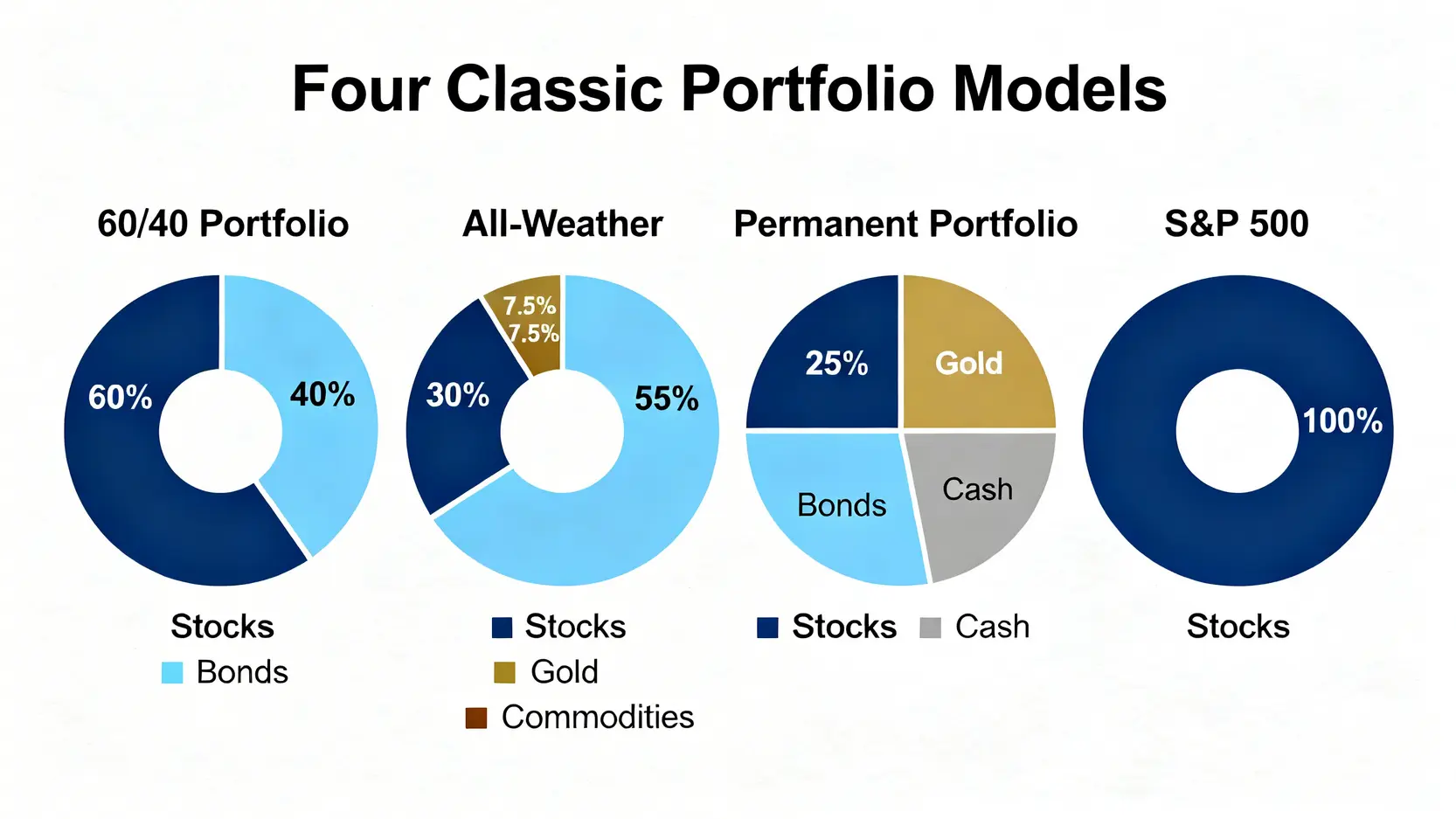 四種經典投資組合模型的資產配置比例圖,包含60/40組合、全天候組合、永久組合及100%標普500。