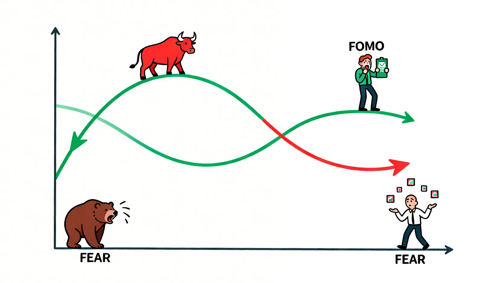 散戶在牛市追高、熊市殺低、盤整期頻繁交易的行為模式示意圖。
