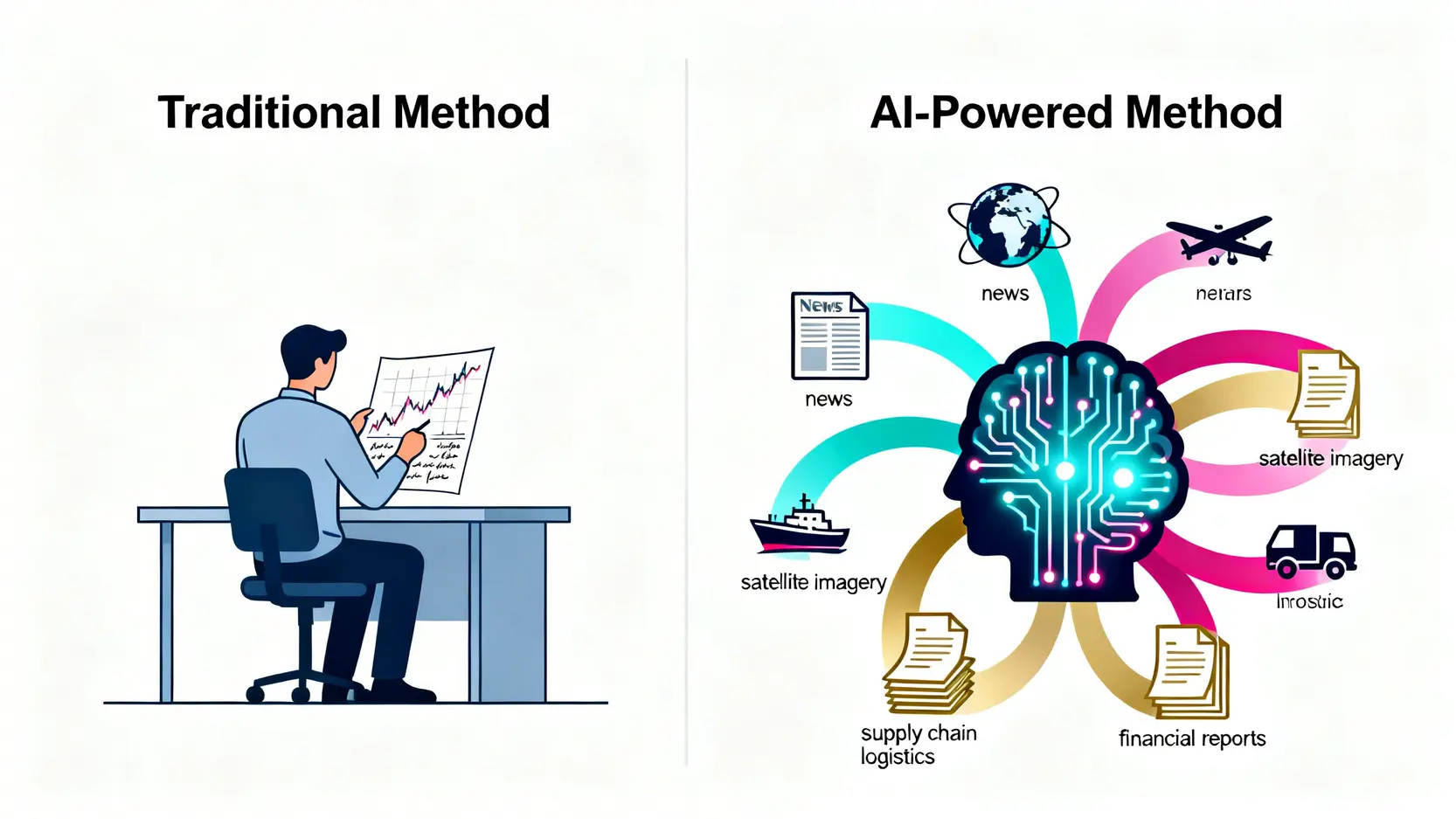 傳統選股模型與AI驅動的數據分析模型對比圖。
