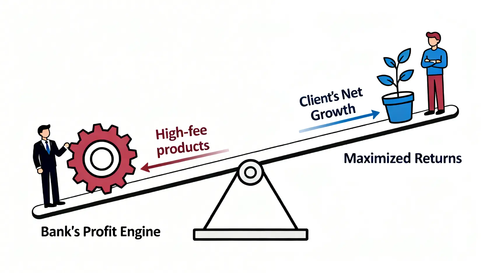 一張圖說明銀行與客戶之間的利益平衡,銀行目標是透過高費用產品獲利,而客戶目標是資產淨值增長。
