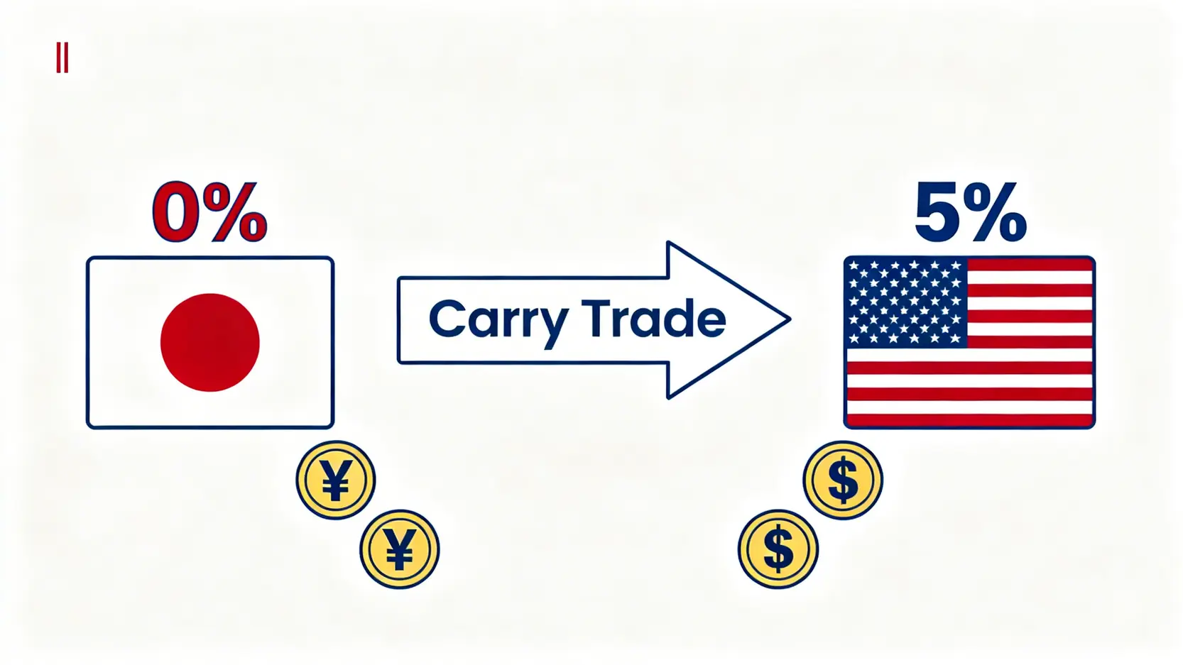 日幣套利交易概念圖,展示資金從低利率的日本流向高利率的美國,導致日幣貶值。