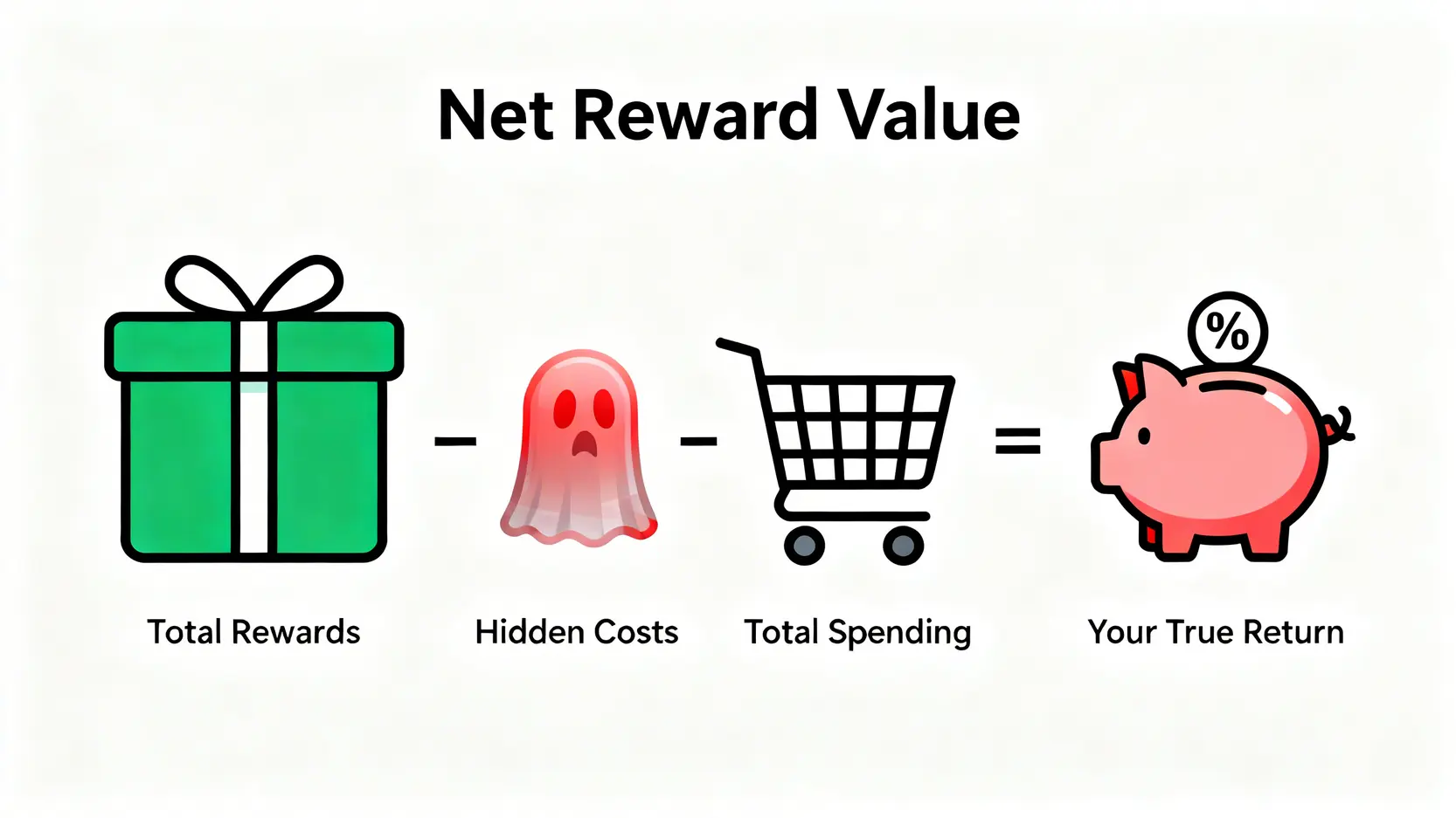 回饋淨值計算公式示意圖,顯示總回饋減去隱藏成本後除以總消費額的結果才是真實收益。