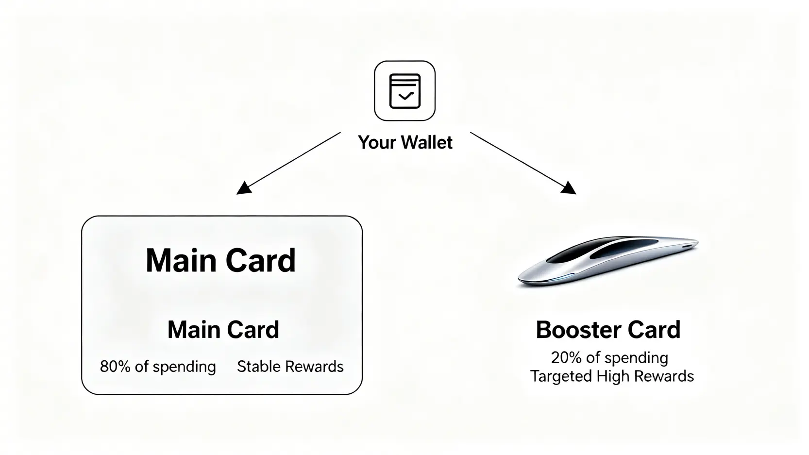 信用卡組合策略圖,區分負責八成日常消費的主戰場卡與負責兩成特定消費的助攻卡。