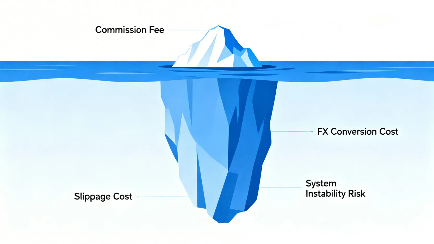 交易總成本冰山圖,顯示可見的手續費與水面下更大的隱藏成本,如滑點和換匯損失。