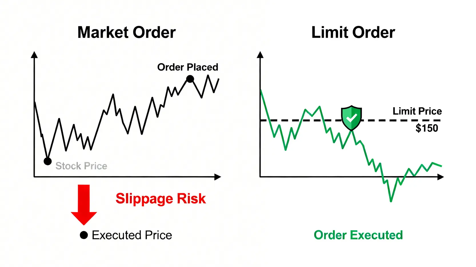 市價單與限價單的比較圖,解釋市價單存在滑價風險而限價單能精準控制成交價格。