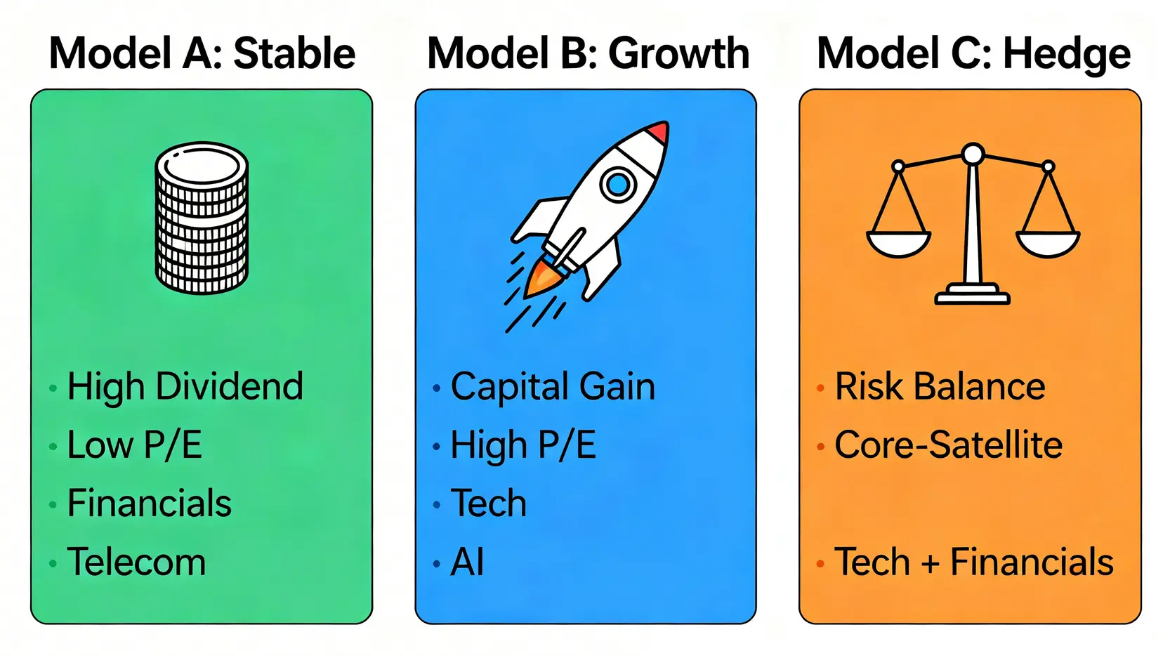 三種權值股投資模型對比圖,分別是穩健型、成長型與對沖型,展示了它們各自的投資邏輯與標的類型。