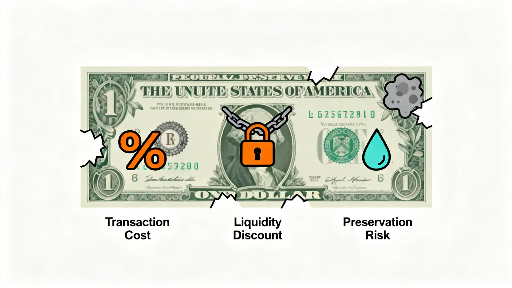 一張示意圖,展示舊版美金面臨的三大隱性成本:交易成本、流動性折價和保存風險,導致其價值流失。