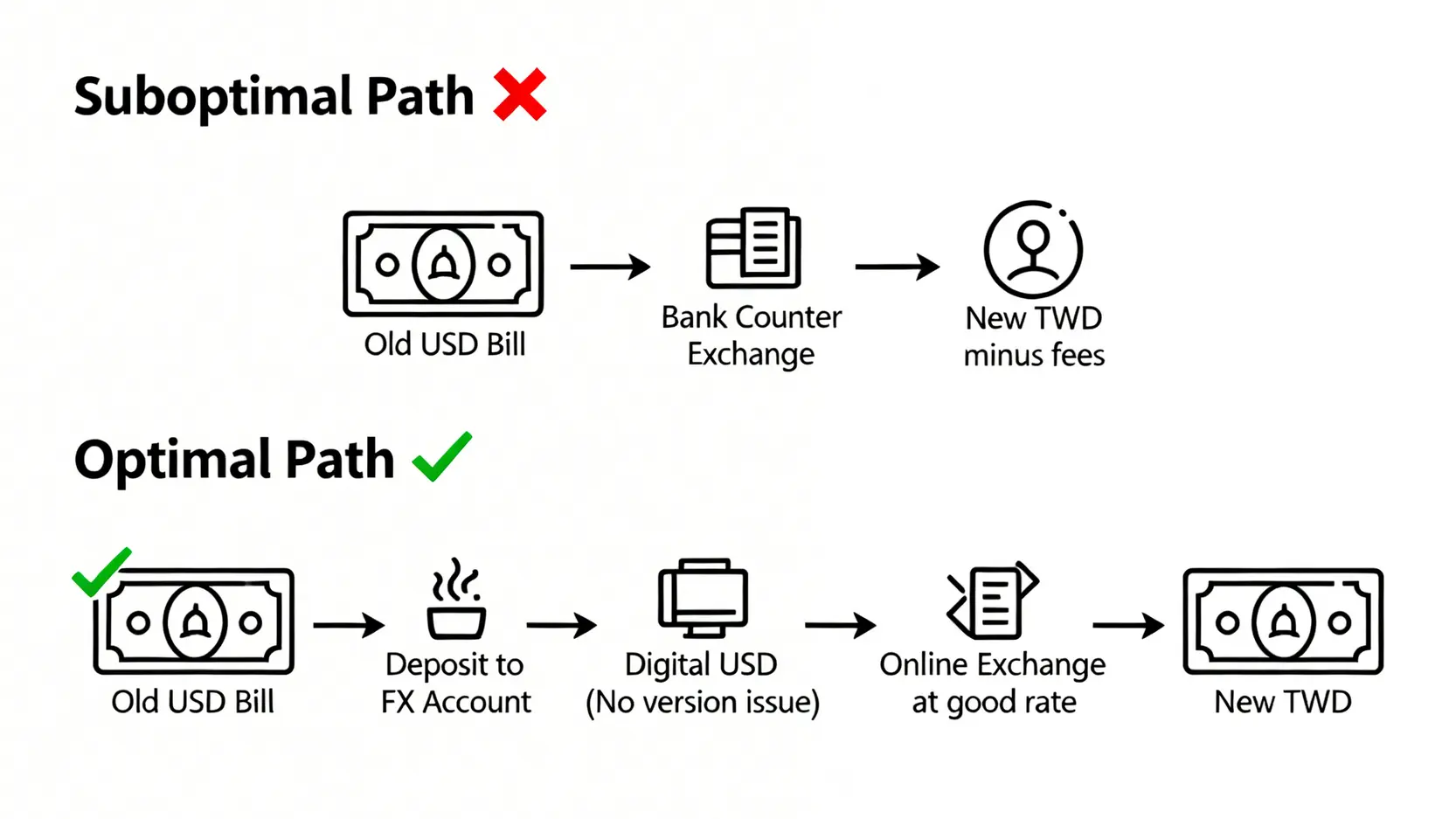 一張流程圖比較兩種處理舊美金的方式: