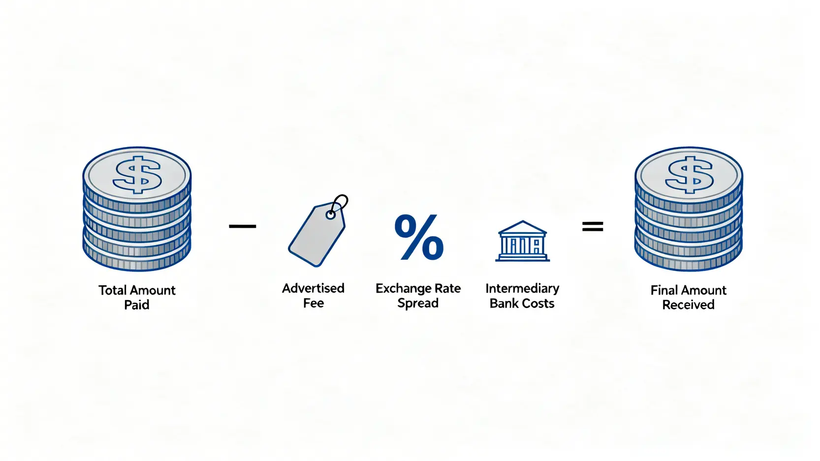 國際匯款總成本構成示意圖,顯示公示手續費、匯率價差和途徑成本如何影響最終到手金額。