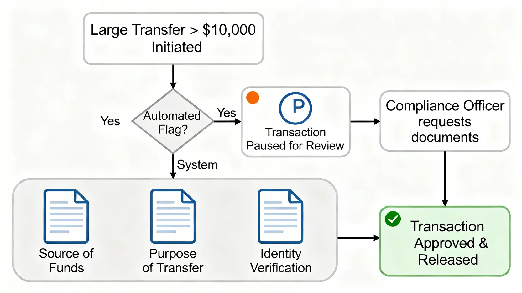 大額匯款的反洗錢(AML)合規審查流程圖,從觸發審查到提交文件再到資金放行。