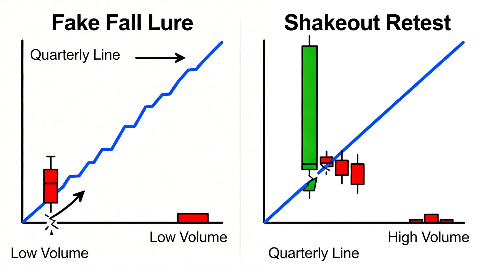 主力利用季線洗盤的兩種典型手法:假摔誘空與爆量回測甩轎的示意圖。