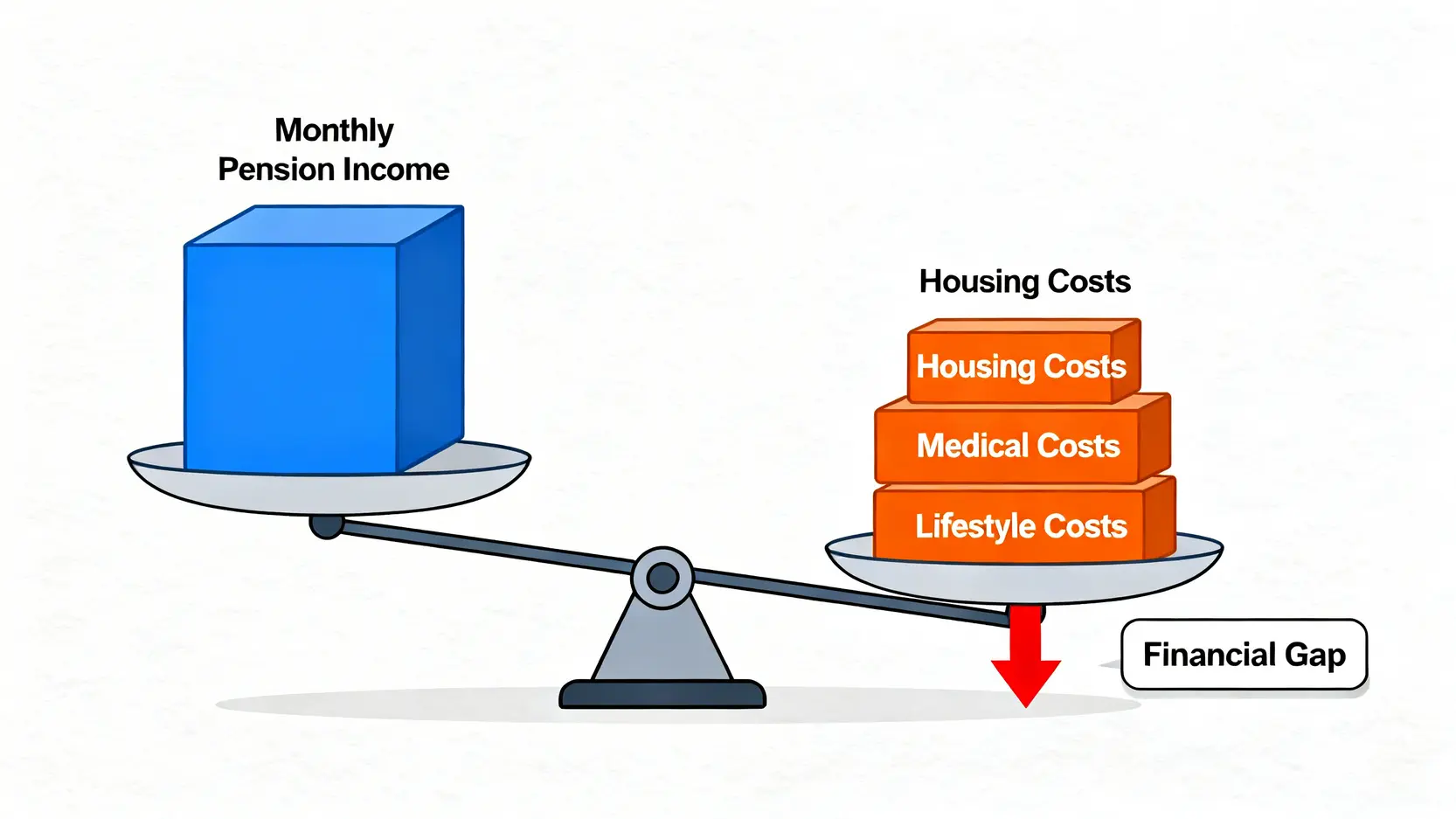 一個平衡圖,左邊是退休俸收入,右邊是居住、醫療和生活總開銷,顯示開銷大於收入,導致天平向右傾斜,產生財務缺口。
