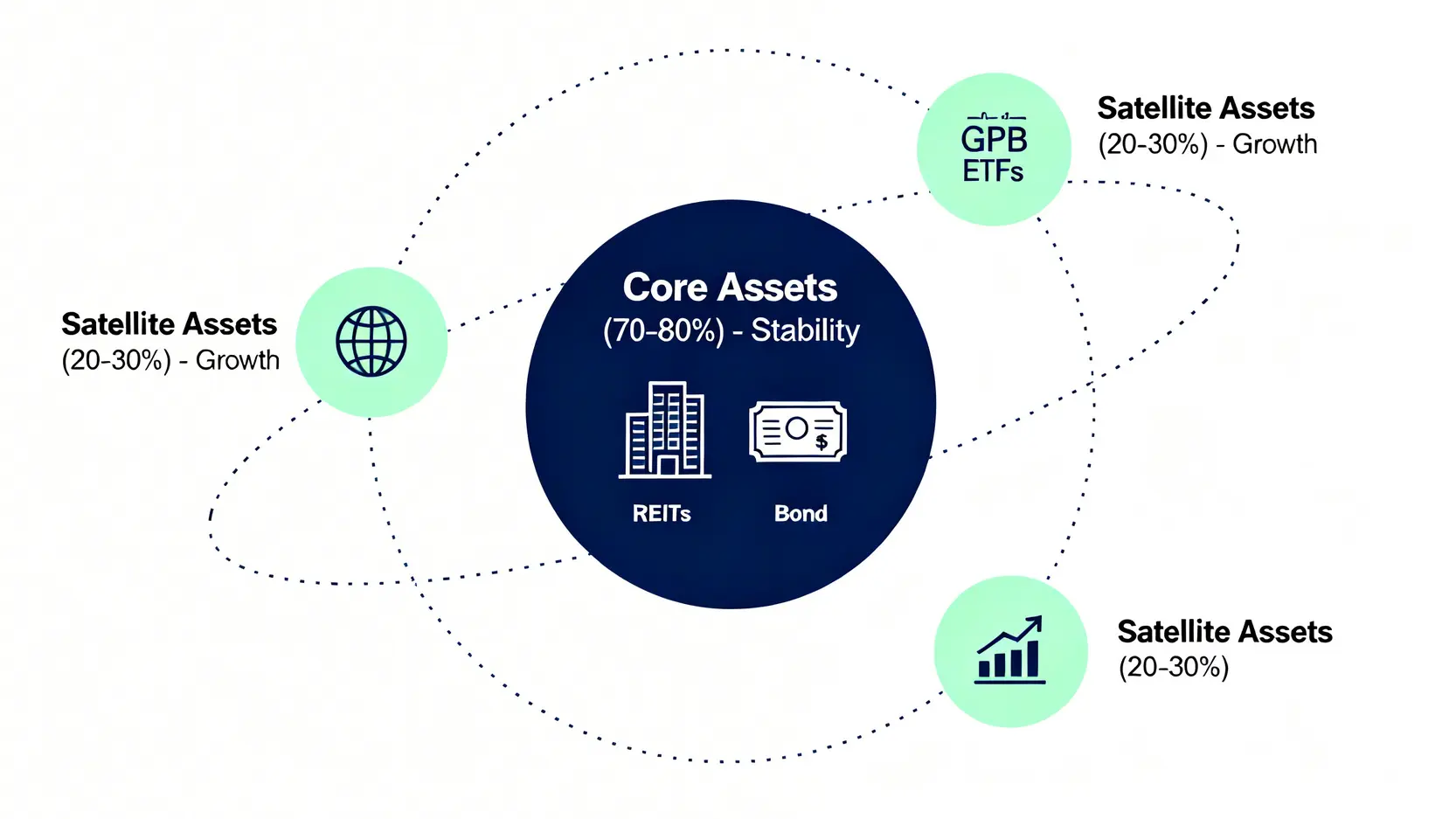 核心衛星投資組合模型示意圖,中央是佔比大的核心穩定資產,如債券和REITs,周圍環繞著佔比較小的衛星增長型資產,如全球ETF。