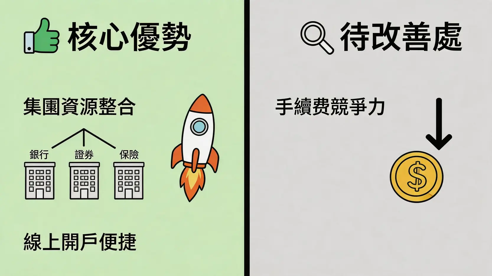 元富證券優缺點分析圖,左邊列出集團資源整合與開戶便捷等優勢,右邊指出手續費競爭力為待改善之處。