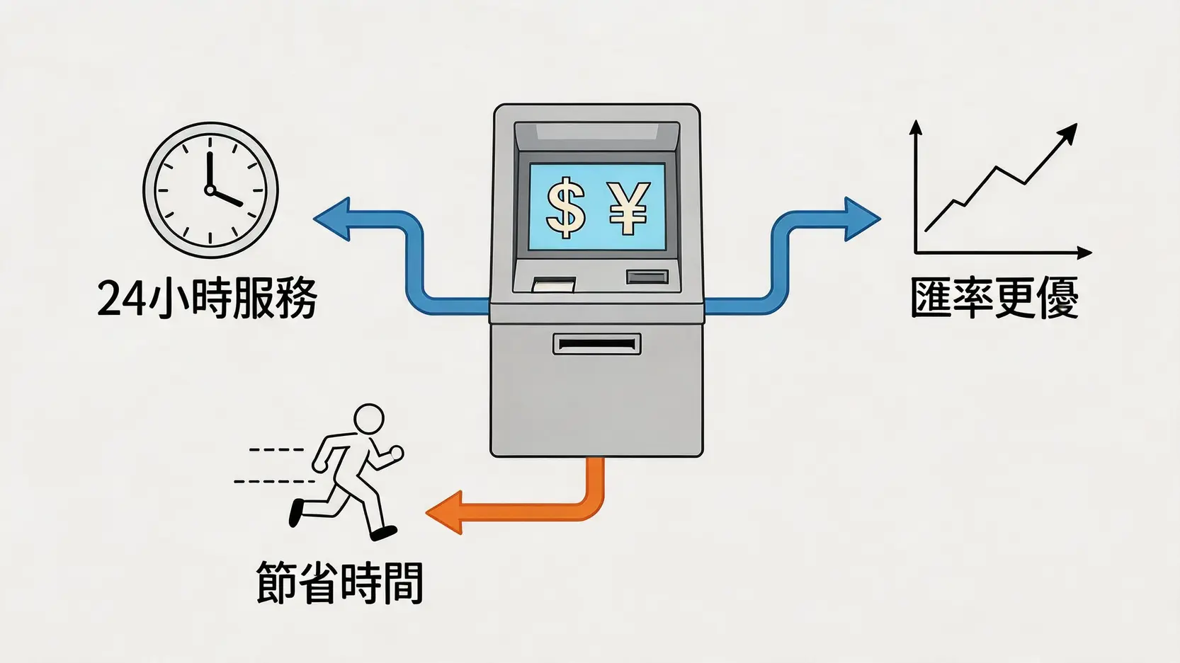 富邦外幣ATM三大優勢示意圖:24小時服務、匯率更優、節省時間。