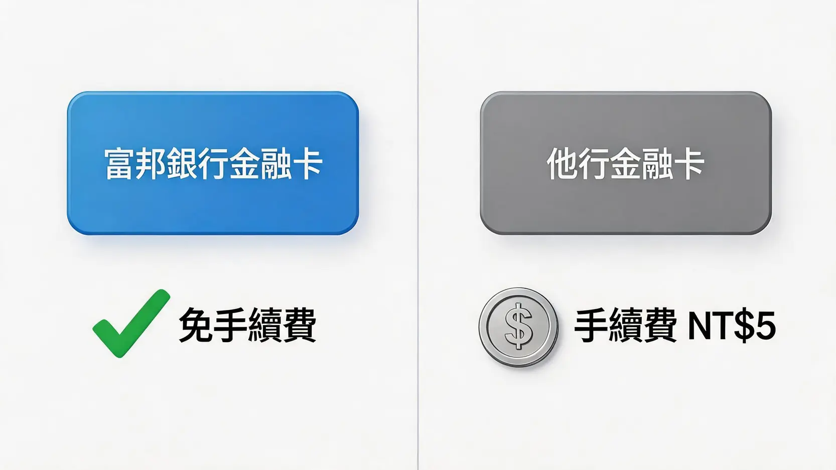 富邦銀行外幣ATM提款手續費比較圖,顯示本行卡免手續費而他行卡需支付5元手續費。