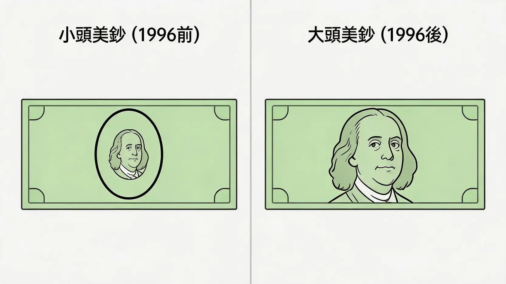 一張圖表對比1996年前的小頭美鈔與1996年後的大頭美鈔之間的視覺差異,突顯了肖像大小的不同。