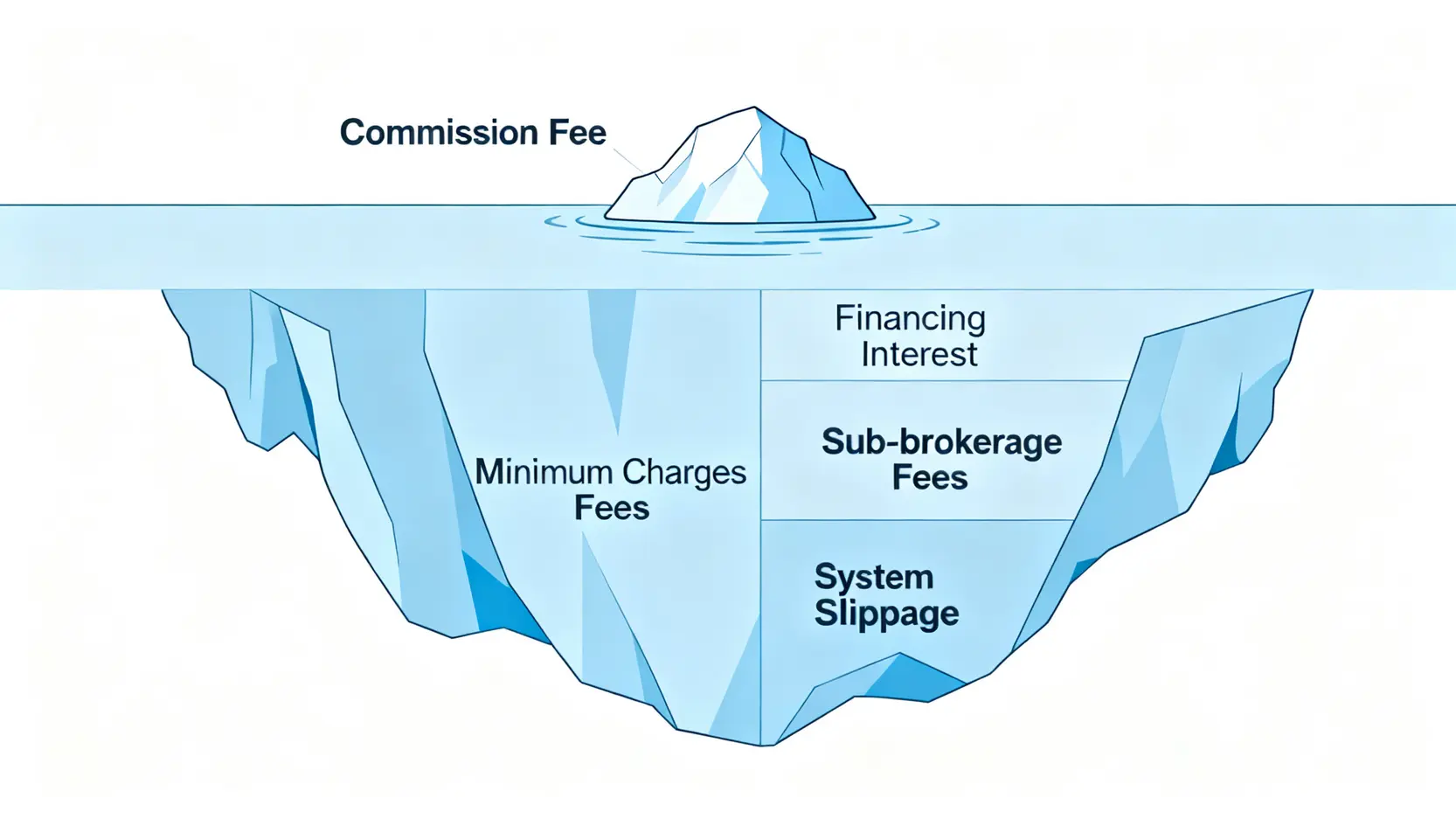 一張冰山圖,說明真實交易總成本,可見的手續費只是冰山一角,水面下是更大的隱藏成本,如融資利率和複委託費用。