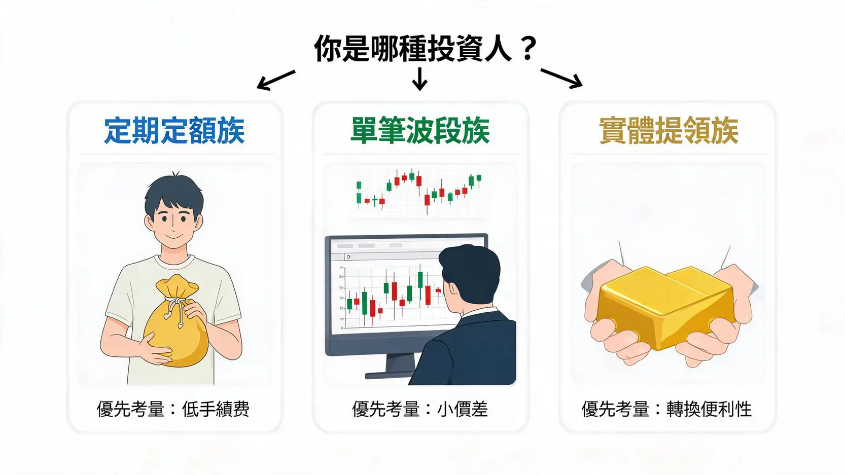 根據三種投資策略選擇黃金存摺銀行的決策圖:定期定額、單筆買賣、提領實體。
